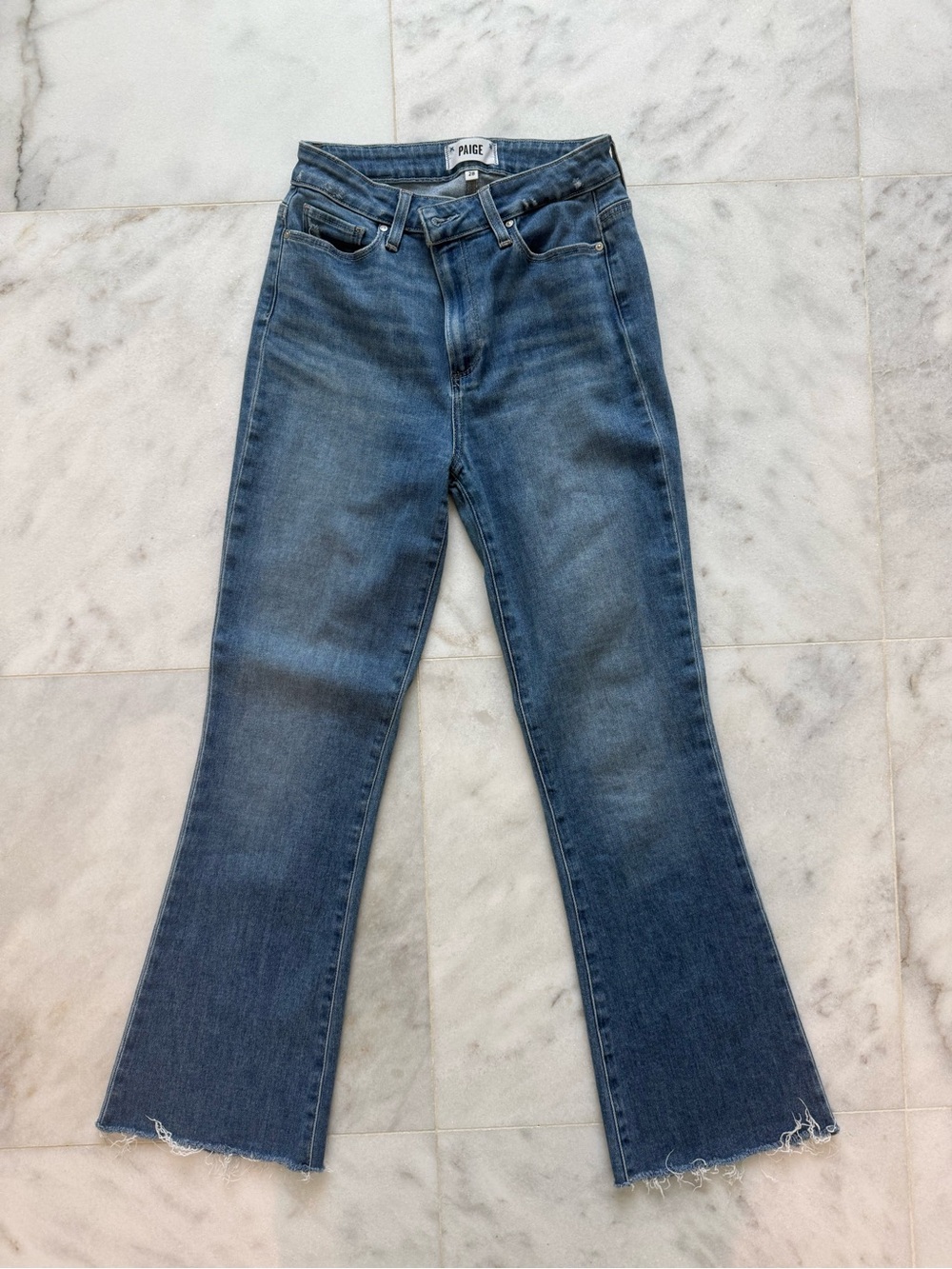 PAIGE Distressed Medium Blue High-Rise Cropped Flare Jeans